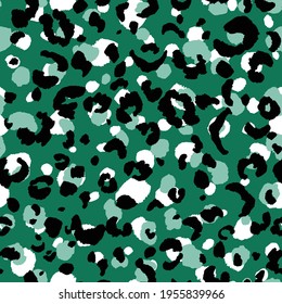 Abstract modern leopard seamless pattern. Animals trendy background. Green and black decorative vector stock illustration for print, card, postcard, fabric, textile. Modern ornament of stylized skin.