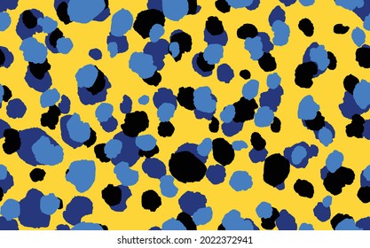 Resumen del patrón de leopardo moderno. Los animales están de moda. Ilustración de material vectorial decorativo amarillo y azul para impresión, tarjeta postal, tela, textil. Ornamento moderno de piel estilizada.