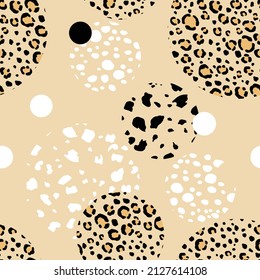 Abstract modern leopard seamless pattern with circles. Animals trendy background. Color decorative vector illustration for print, card, fabric, textile. Modern ornament of stylized skin.