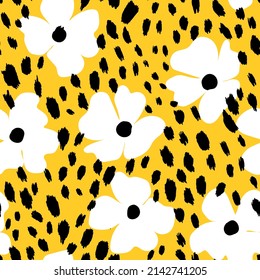 Abstract modern leopard seamless pattern with flowers. Animals trendy background. Floral vector stock illustration for print, card, postcard, fabric, textile. Modern ornament of stylized skin.