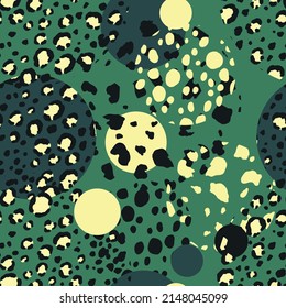 Abstract modern leopard seamless pattern with circles. Animals trendy background. Color decorative vector illustration for print, card, fabric, textile. Modern ornament of stylized skin.