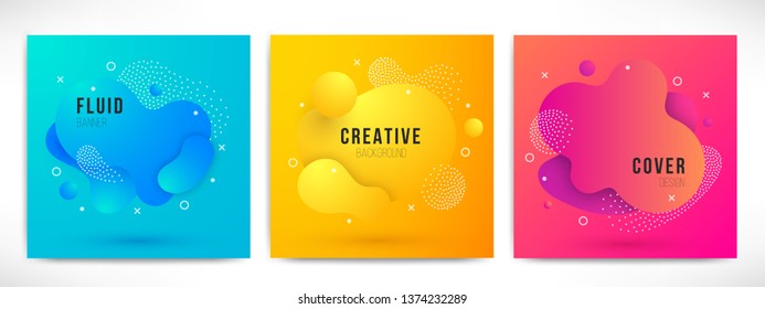 Abstract modern liquid color Backgrounds set. Dynamic colorful design elements. Fluid gradient geometric shapes for presentation, cover, logo, flyer, web. Futuristic amoeba vector illustration