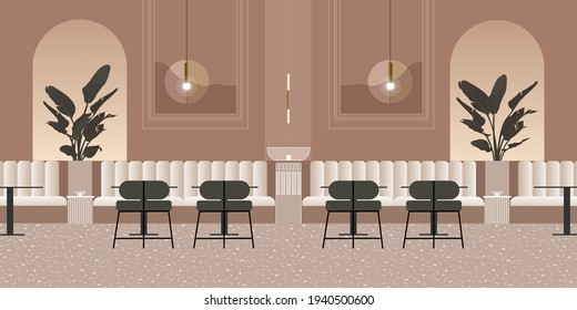 Abstract modern lobby interior with arch-shaped niche in pastel shades of pink. Contemporary architectural vector illustration for landing page mockup design, advertising banner or brochure.