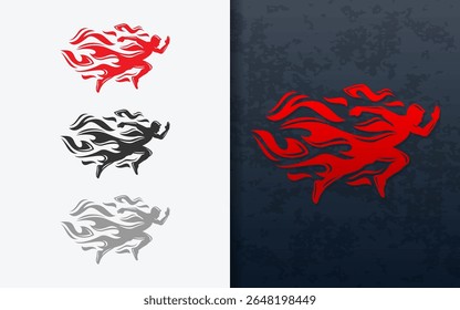 Abstract modern logo combining a running man and red fire, representing speed, energy, and passion. Ideal for sport, fitness, and athletic brand identity.