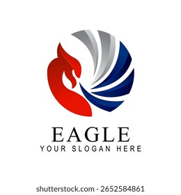 design de logotipo abstrato e moderno com uma cabeça de águia estilizada em vermelho vibrante à esquerda