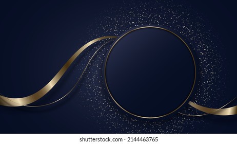 Abstract modern luxury dark blue circle shape and golden ring with gold glitter ribbon lines on dark background. Vector graphic illustration