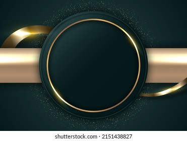 Resumen de la forma moderna del círculo verde oscuro y el anillo dorado con líneas de cinta brillantes doradas sobre fondo oscuro. Ilustración gráfica del vector