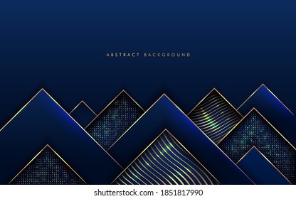 Abstract modern luxury dark navy blue gradient triangles shape with golden line and glow glitter texture. Geometric overlapping layer elegant style with copy space. Vector illustration