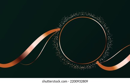 Abstract Modern Luxury Green Circle Shape And Golden Ring With Gold Glitter Ribbon Lines On Dark Background. Vector Graphic Illustration
