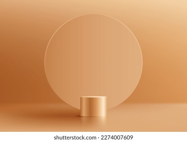 Abstract modern luxury product display. 3D golden podium stand with empty gold circle backdrop on studio room background. You can use for beauty cosmetic advertising, mockup product showcase, business