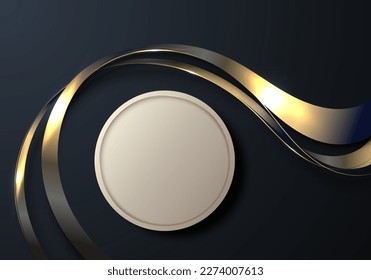 Abstract modern luxury product display. 3D top view golden circle podium stand with golden ribbon wave curved lines and lighting effect on black background. You can use for beauty cosmetic advertising