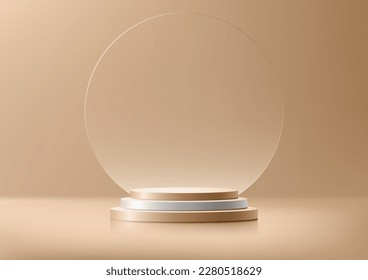 Abstract modern luxury product display. 3D golden and white steps stair winner podium stand with circle transparent glass backdrop minimal wall scene gold background. You can use for beauty cosmetic