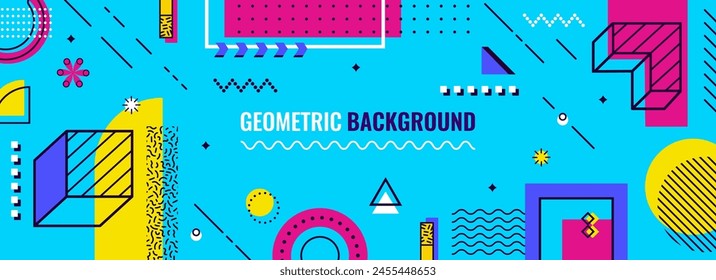 Abstract modern Memphis background, geometric banner. Vector horizontal eye-catching pattern, bold graphic design or art composition with shapes and textures in vibrant pink, blue, and yellow colors