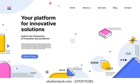 Abstract modern Memphis landing page with abstract shapes. Vector website template with geometric figures. Business web banner for user friendly online experience, official interface with menu bar