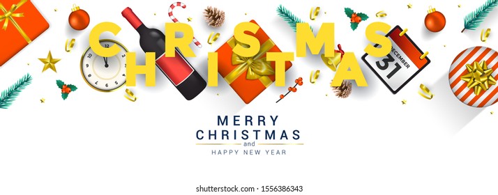Abstract Modern Merry Christmas and Happy New Year greeting card, winter design with golden ornaments, gift boxes and fir branches on white background. Vector Illustration