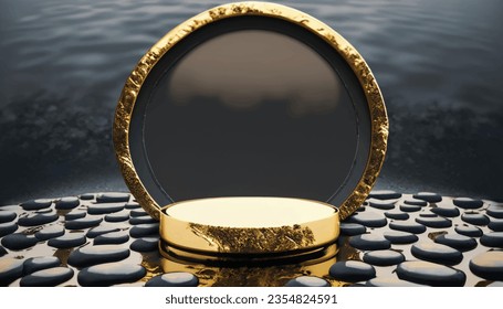 abstract modern minimal background with black and gold cobblestones, reflection in the water on the wet floor. Blank  with golden round frame, empty platform for product displaying Vector Illustration