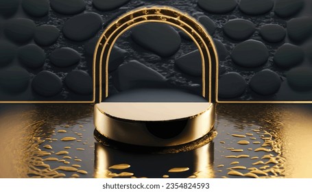 abstract modern minimal background with black and gold cobblestones, reflection in the water on the wet floor. Blank  with golden round frame, empty platform for product displaying Vector Illustration