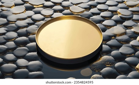 fondo abstracto moderno mínimo con adoquines negros y dorados, reflexión en el agua sobre el suelo húmedo. En blanco con marco redondo dorado, plataforma vacía para la visualización de productos Ilustración vectorial