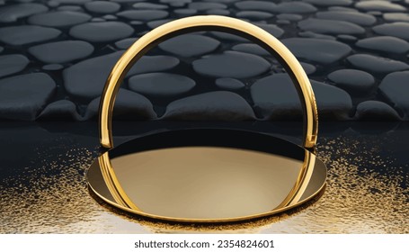 abstract modern minimal background with black and gold cobblestones, reflection in the water on the wet floor. Blank  with golden round frame, empty platform for product displaying Vector Illustration