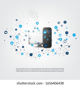 Abstrakte, moderne Minimal-Cloud-Computing, Netzwerke, IoT, Mobility and Telecommunications Concept Design mit Symbolen und PC- oder Servercomputer - Vektorillustration Illustration