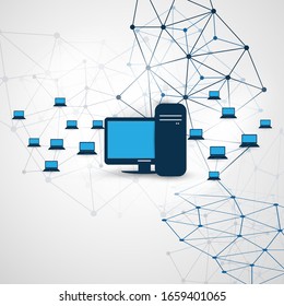 Abstract Modern Minimal Style Cloud Computing, Networks, Mobility and Telecommunications Concept Design with PCs and Server Computer - Vector Illustration
