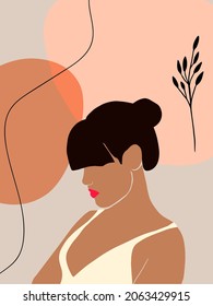 Abstract modern minimalist background with woman profile silhouette and earth tone organic abstract shapes. Trendy fashion illustration for poster, brochure, social media, flyer, banner, wall art.