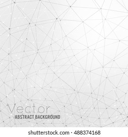 Abstract modern molecular background. Graphic mesh backdrop with circles and thin lines. Vector illustration in white, grey and black colours