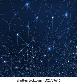 Abstract modern molecular background. Graphic mesh backdrop with lights and thin lines. Vector illustration in dark blue and silver white colours