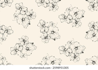  Abstract Modern monotone Hand-drawn flowers, silhouette botanical florals, seamless patterns with floral for textile design, fabric, wallpaper, covers, cards, wall art, posters, and decoration.
