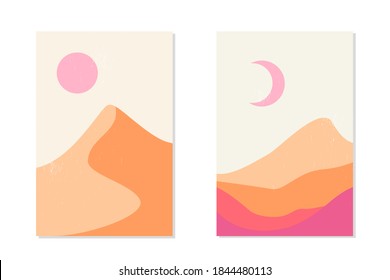 Abstract modern mountain landscape and desert with sand dune under the sun and moon. Mid century minimalistic trendy background. Organic shape in pink sandy tones. Background for social media or print