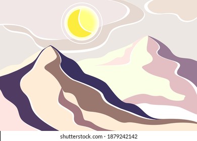 Resumen del paisaje montañoso moderno. Moderno telón de fondo de póster con montañas, sol y luna. Decoración minimalista de arte mural. Imprimir ilustración vectorial.