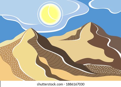 Abstract modern mountain landscape. Modern poster boho background with mountains, sun and moon. Minimalistic wall art decor. Print vector illustration.
