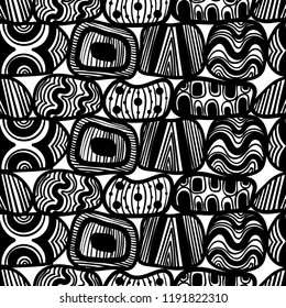 abstract modern native black doodle lines seamless pattern on white