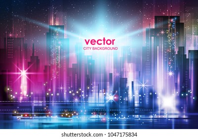 Abstract modern night City skyline, illustration with architecture, skyscrapers, megapolis, buildings, downtown.