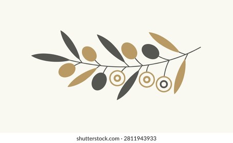 Abstract modern olive branch illustration decorated with stylized golden and grey olives against a warm cream background.