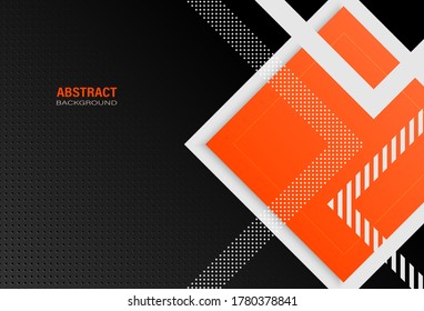 Resumen plantilla geométrica naranja moderna con composición de formas cuadradas y patrón de puntos sobre fondo de textura oscura. Diseño con espacio de copia para texto. Ilustración vectorial.