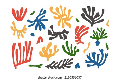 Abstract modern organic design elements in Matisse style. Contemporary shapes with nature-inspired, irregular cutouts forms. Retro boho wall decor stickers like seaweed coral. Vector illustration
