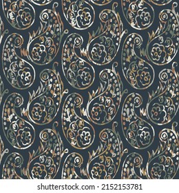Resumen del patrón paisley moderno texturado sobre fondo negro.