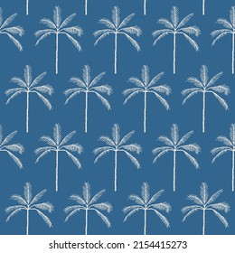 Abstract modern palm trees vector repeat pattern on blue background.