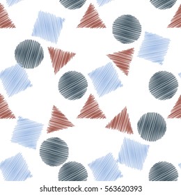 Abstract modern pattern with hatched triangles, circles, squares. Modern grunge background. Vintage ornament for decoration, interior design, packaging, exquisite design. Vector illustration.