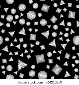 Abstract modern pattern with hatched triangles, circles, squares. Modern grunge background. Vintage ornament for decoration, interior design, packaging, exquisite design. Vector illustration.