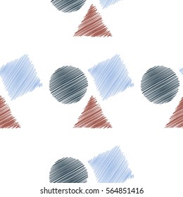 Abstract modern pattern with hatched triangles, circles, squares. Modern grunge background. Vintage ornament for decoration, interior design, packaging, exquisite design. Vector illustration.