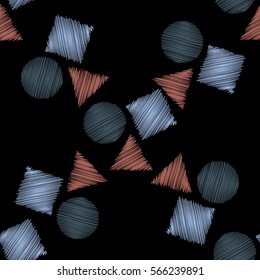 Abstract modern pattern with hatched triangles, circles, squares. Modern grunge background. Vintage ornament for decoration, interior design, packaging, exquisite design. Vector illustration