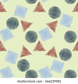 Abstract modern pattern with hatched triangles, circles, squares. Modern grunge background. Vintage ornament for decoration, interior design, packaging, exquisite design. Vector illustration