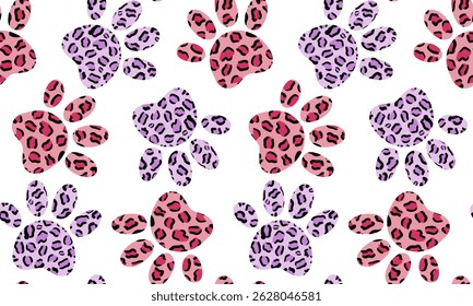 abstract modern pattern with leopard print cat paw prints in pink and purple tones on a white background for web design and wallpaper