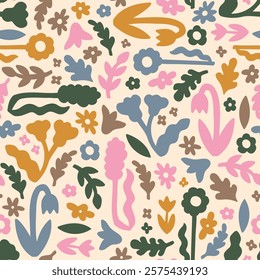 Abstract modern pattern with plants silhouettes. Seamless flat hand drawn vector texture with flowers