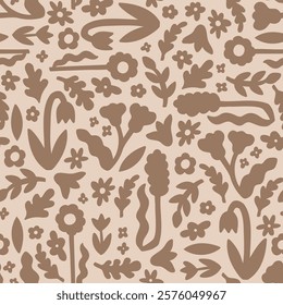 Abstract modern pattern with plants silhouettes in beige colors. Seamless flat hand drawn vector texture with flowers