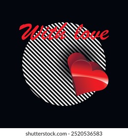 Patrón moderno Abstractas con dos corazones rojos 3D, palabras con amor y rayas diagonales blancas sobre un fondo negro. Diseño moderno minimalista de Vector. Para tarjetas, regalos, impresiones. Hermosa ilustración de amor.