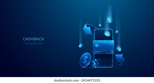 Abstract modern phone, credit bank card, and falling coins on a mobile screen. Save money and cashback concept. Light blue polygonal vector illustration. Cash back metaphor on technology background.