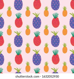 Abstract modern pineapple pattern. Colorful seamless vector summer background. Repeating tropical pineapples on pink. Hand drawn exotic fruit isolated in cartoon doodle style. For fabric, summer decor
